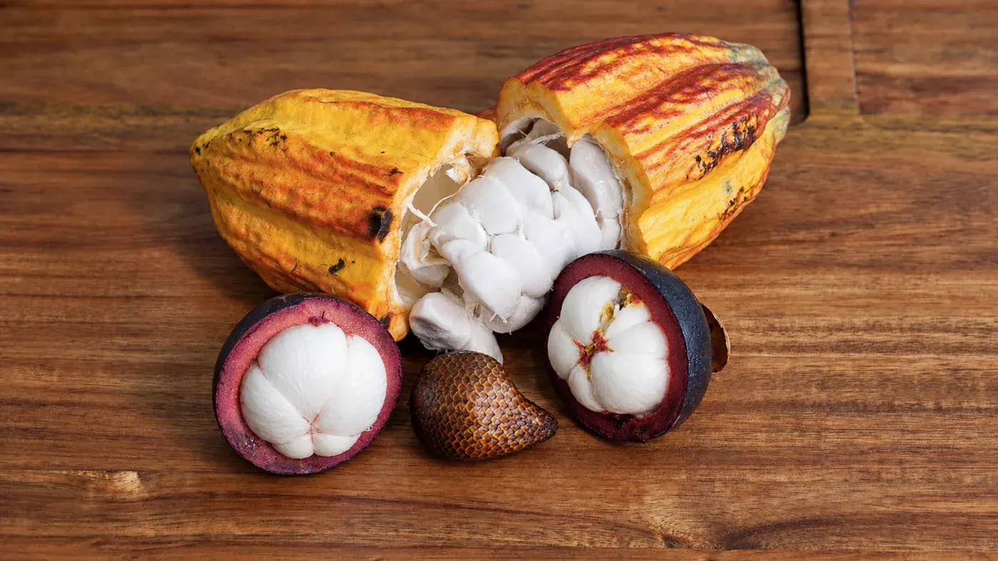 Cacao pods cut open beside mangosteen and snake fruit in Puerto Viejo, Costa Rica