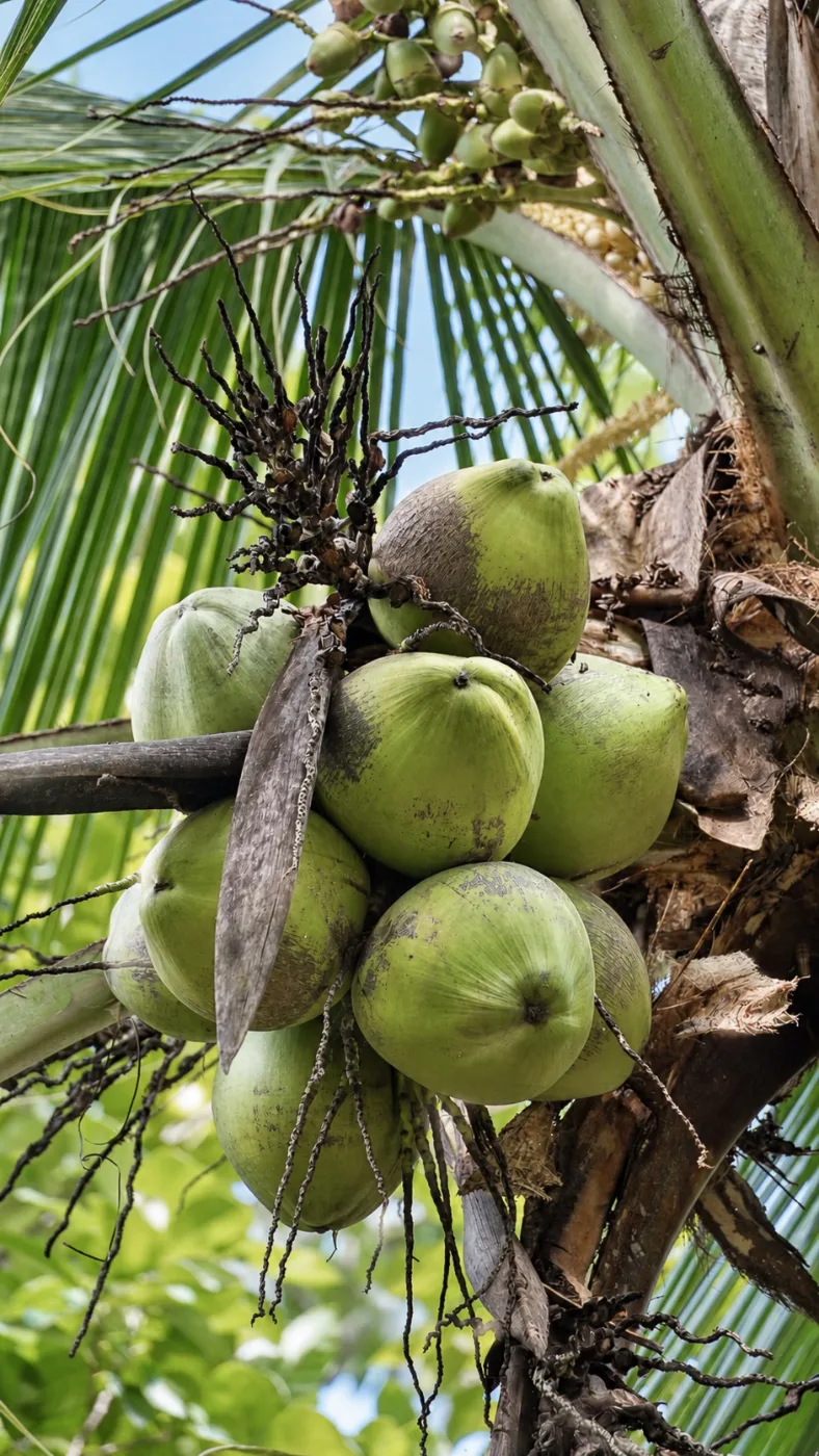Green coconuts on a palm tree in Puerto Viejo, Costa Rica