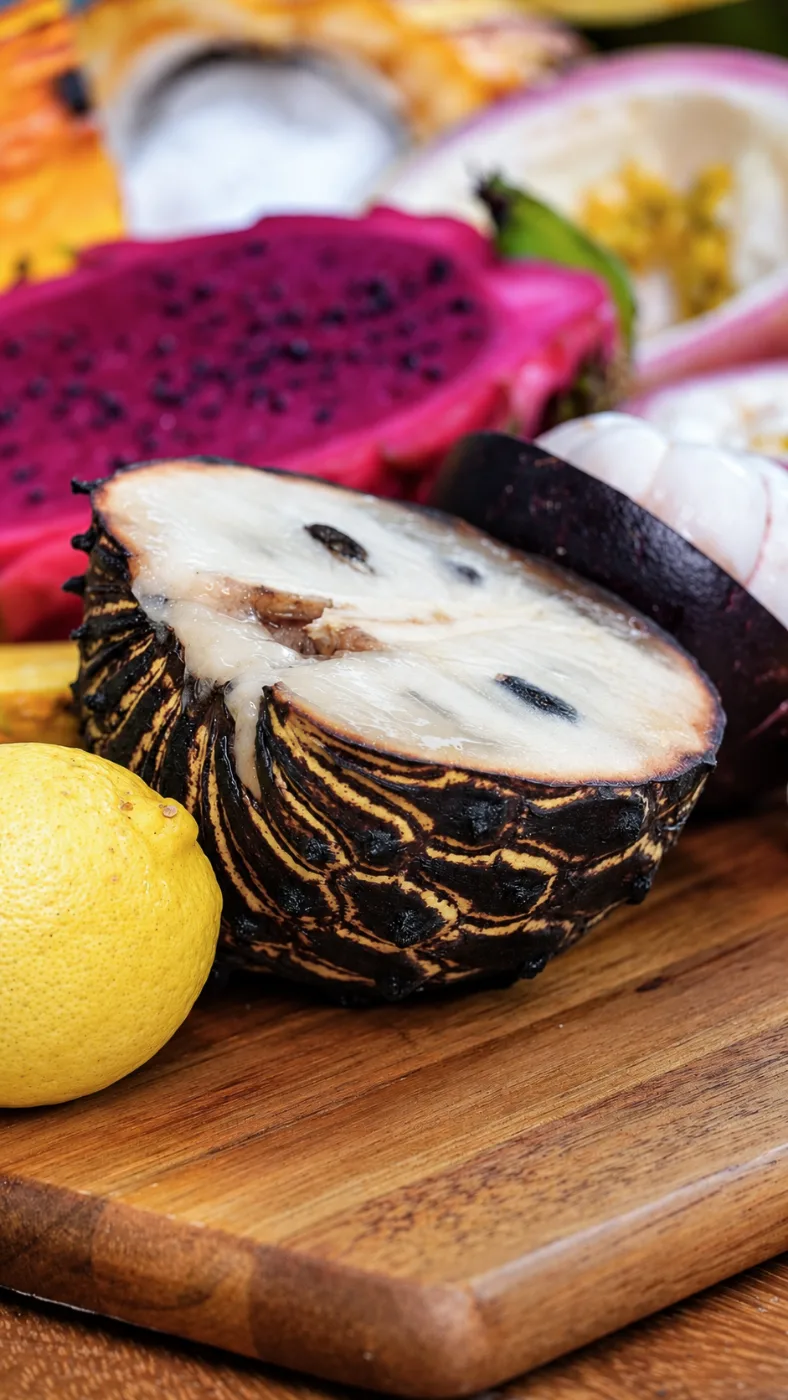 Custard apple cut open showing white flesh and black seeds in Puerto Viejo, Costa Rica
